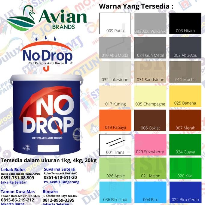 

CAT PELAPIS ANTI BOCOR NO DROP SEMUA WARNA UKURAN 20KG ORIGINAL