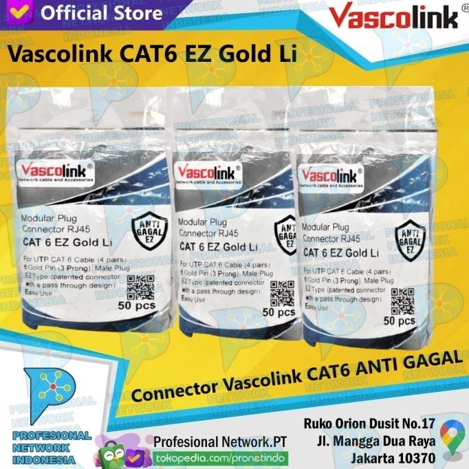 

VASCOLINK CONNECTOR CAT.6 EZ GOLD LI, RJ45 CAT6 VASOLINK ANTI GAGAL ORIGINAL