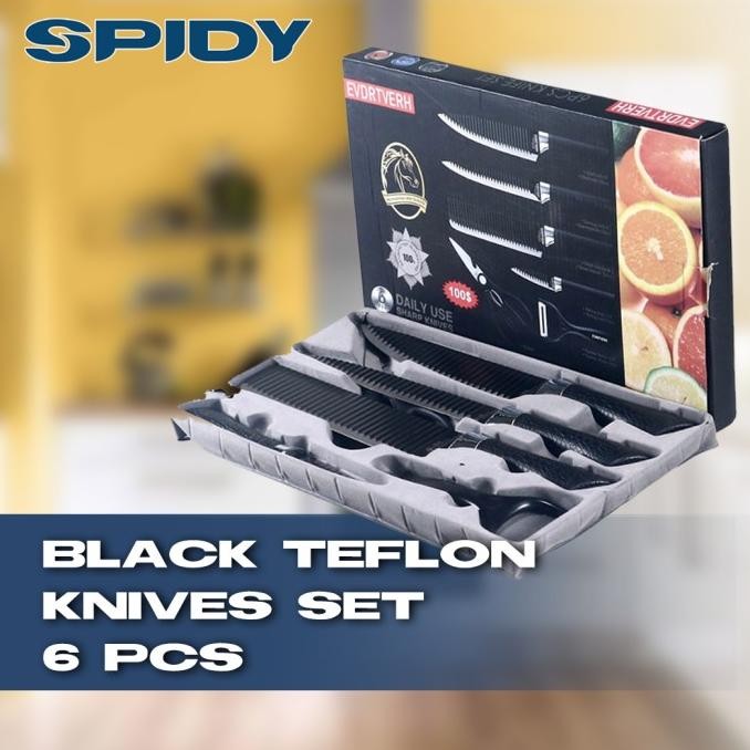 

Berkualitas Spidy Pisau Dapur Teflon Hitam Anti Lengket Set 6in1 Kichen Knife