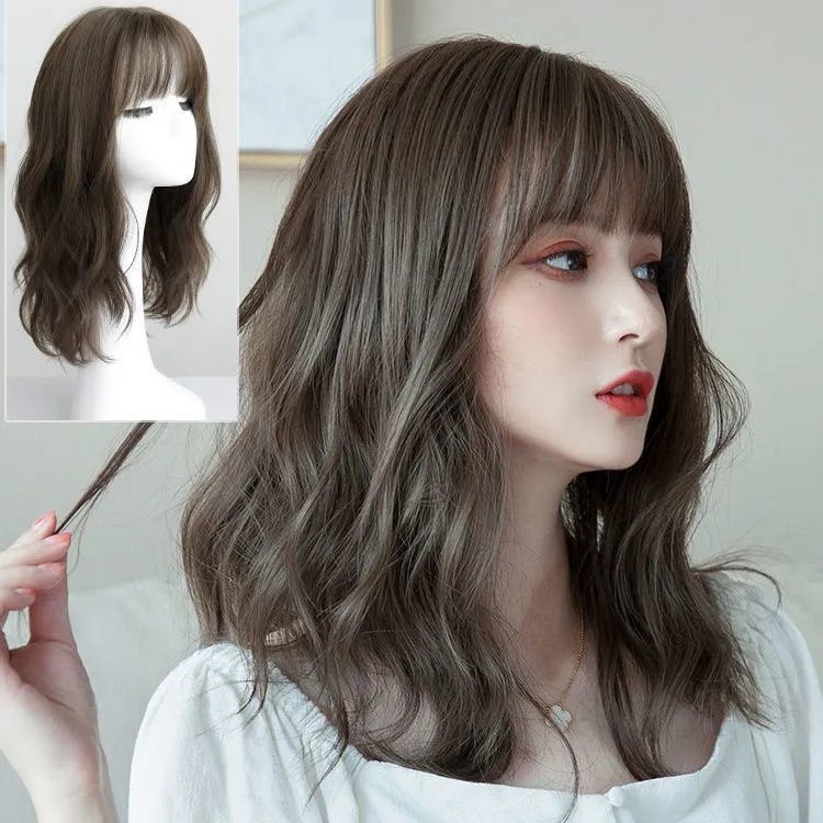 Wig Wanita Keriting Pendek, Rambut Panjang Sedang Gadis Alami Keriting Kecil Poni Pendek Setengah Pa