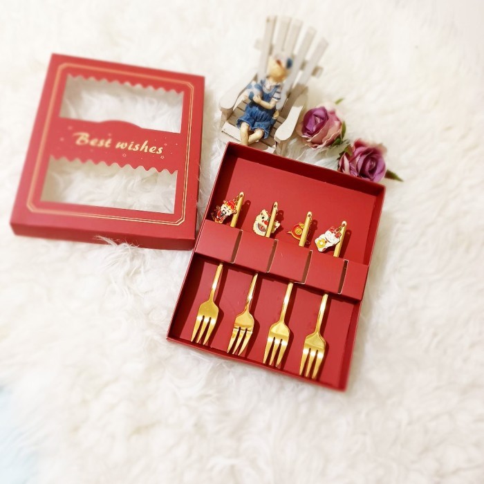 

Imlek Sendok kado Imlek spoon CNY gift gold silver bandul isi 4 - GOLD FORK !NEW