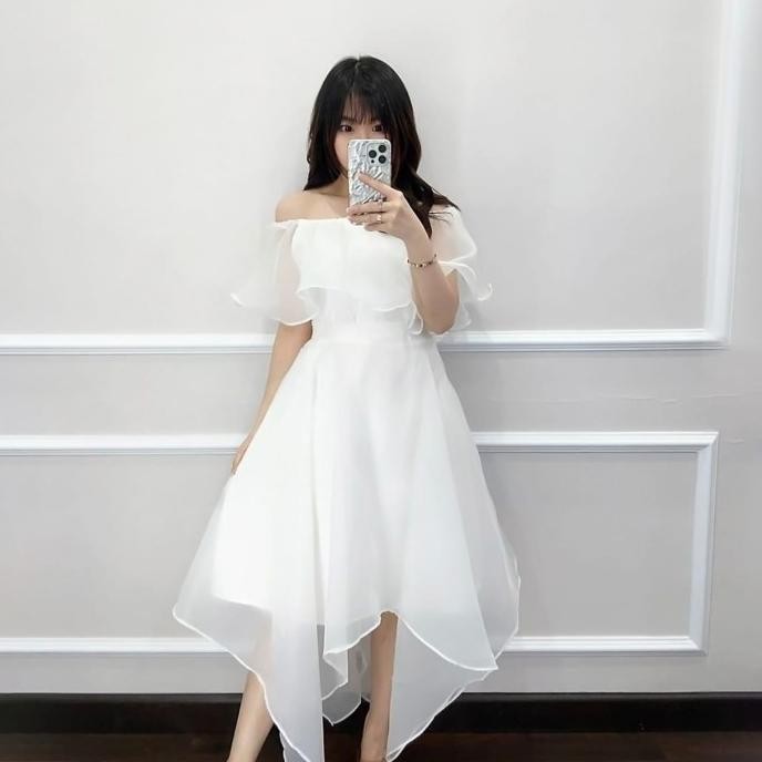 Midi Dress Pesta Wanita Outer Organza Inner Satin Velvet Model Sabrina TB