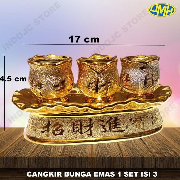 Cangkir Puja Gelas Sembahyang Keramik Emas bunga isi 3 Plus Tatakan Emas 1 set