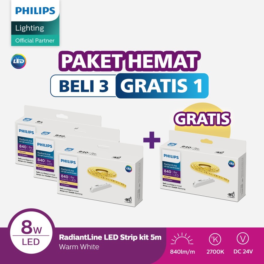 Philips Paket 3 Free 1 Radiantline LED Strip DLI320T 5M 8W 2700K 24V Kuning Dengan Trafo
