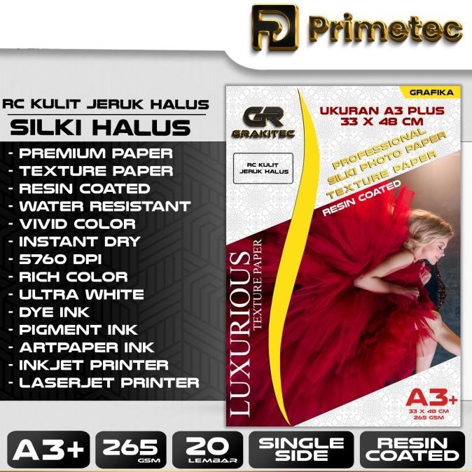

sale! kertas foto silki rc photo paper 265gsm a3 & a3+ isi 20 l | glossy jeruk kasar halus canvas primetec