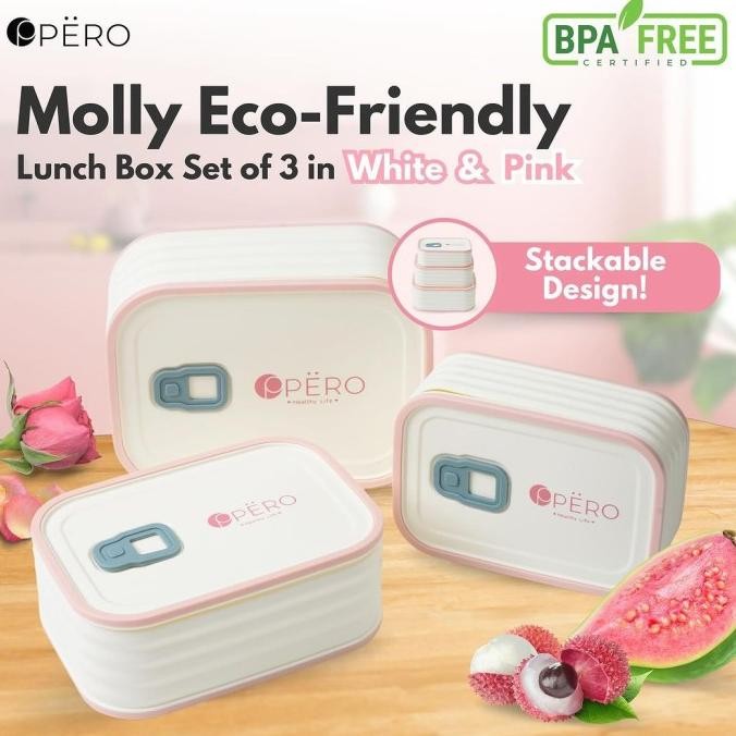 Promo Pero Kids Molly Eco-Friendly Lunch Box 1500Ml Set Of 3 White & Pink / Tempat Makan Anak Sekat 