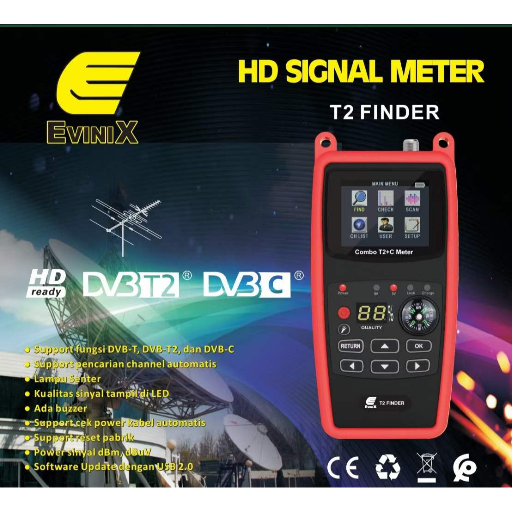Evinix Digital Signal Meter DVB T2 & DVB C Satfinder khusus DVB T2 C2 Pabrik