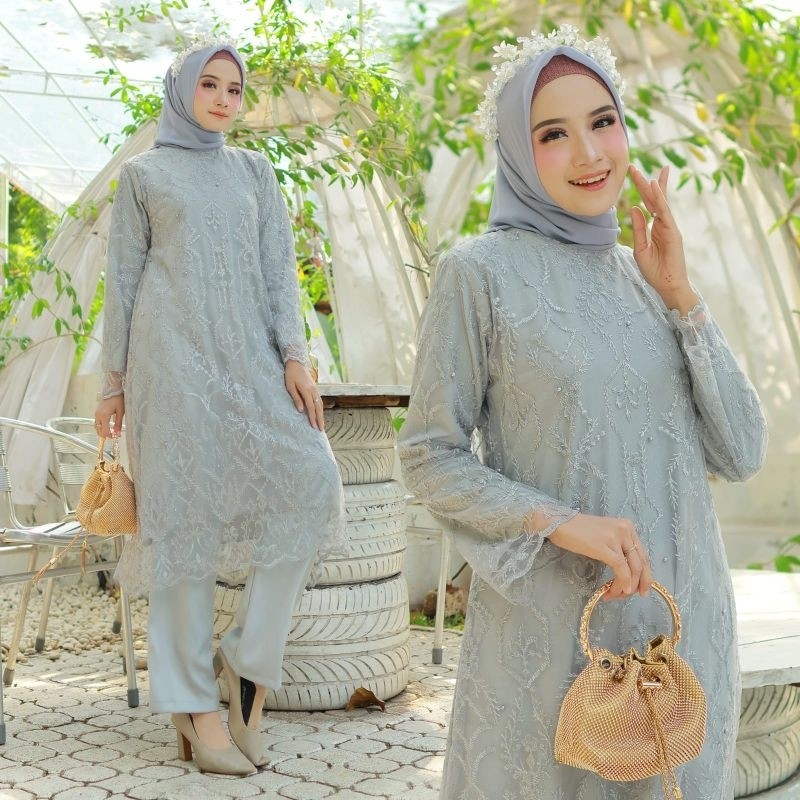 Setelan ASTER 002 ( Tunik + Celana ) One Set Brokat Stelan Brukat Cantik Kondangan Terbaru Fashion