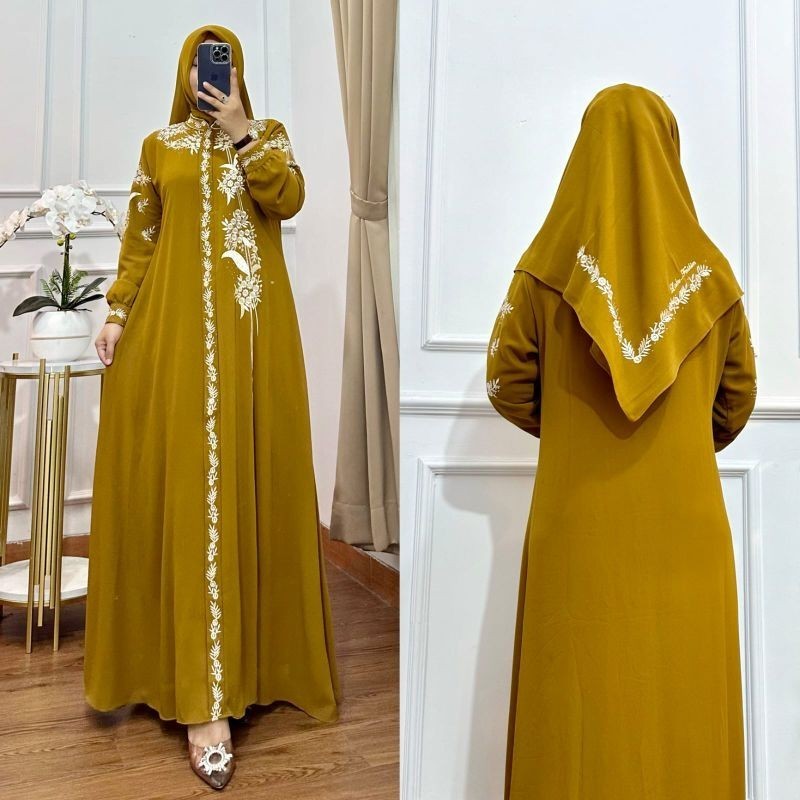 Zifa Fashion Zalfa Dress Set Hijab Segi 4 Gamis Cruty Bordir Free Hijab Arabian Gamis Cruty Warna