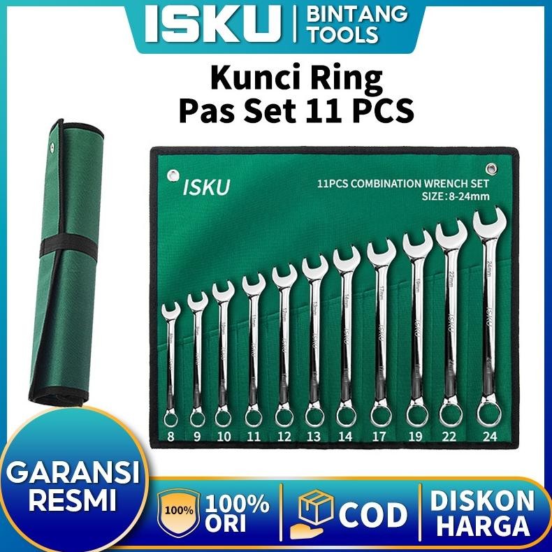ISKU Alat Kunci Pas Cincin Kunci Pas Set 11 Buah 824Mm dengan Tas Penyimpanan Cincin Kunci Pas Set A