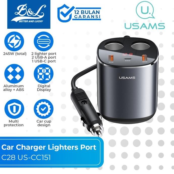 USAMS C28 Charger Mobil Fast Charging 125W + Dual Lighter Port 120W