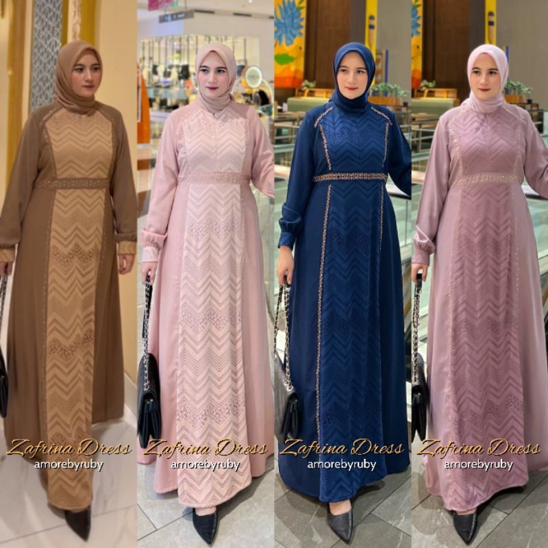 ZAFRINA L DRESS AMORE BY RUBY ORI BAHAN BRUKAT BAJU WANITA DRESS MUSLIM GAS MOTIF OMBAK