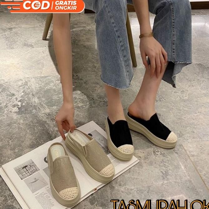 SEPATU SANDAL SELOP WANITA ANTI SLIP ON CEWEK WEDGES HAK TINGGI BROKAT KAL