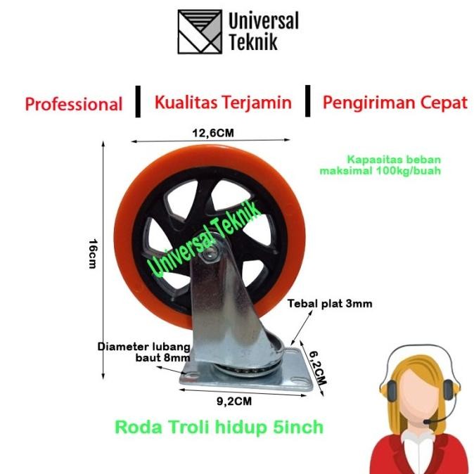 Roda Troli 5 inch PVC Caster orange  1 set : 4pcs ( 4 Hidup)