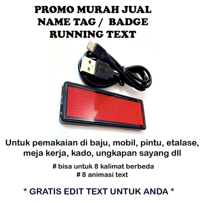 

Name Tag LED/ Running Text Warna Merah murah bisa request edit text