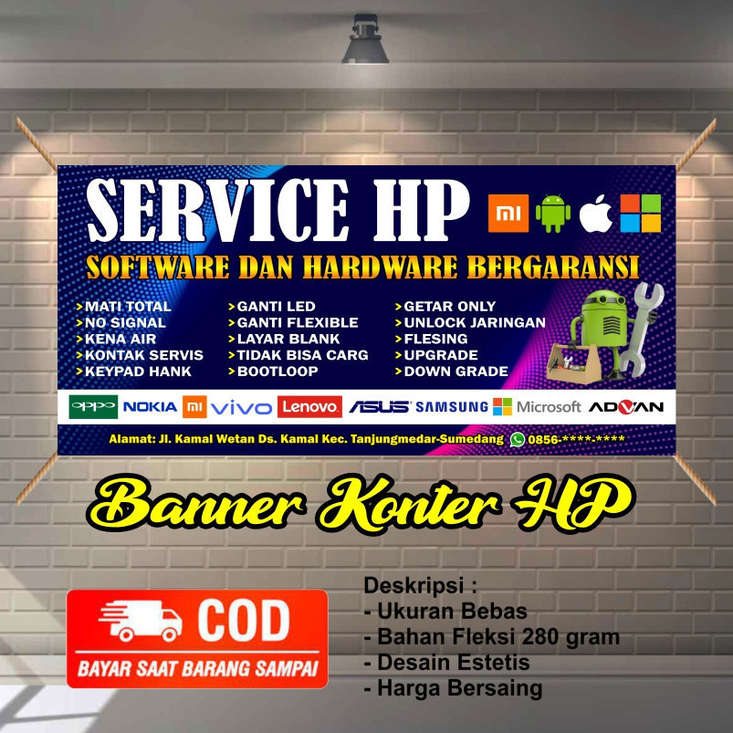 Spanduk Konter HP & Service Handphone – Banner Toko Pulsa, Aksesoris, dan Gadget Murah