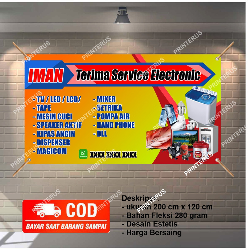 Spanduk Plang Servis Elektronik – Banner Toko Service TV HP Kulkas Dispenser Murah Custom