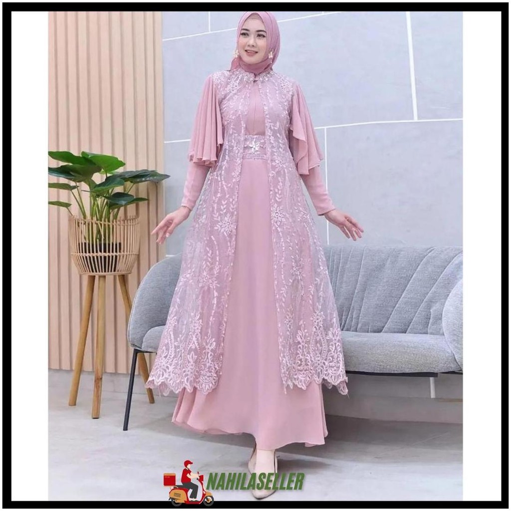 Dress Outer Brukat Pesta Terbaru 2024 Green Sage Gamis Clarisa By Ghina Set Inner Bisa Cod