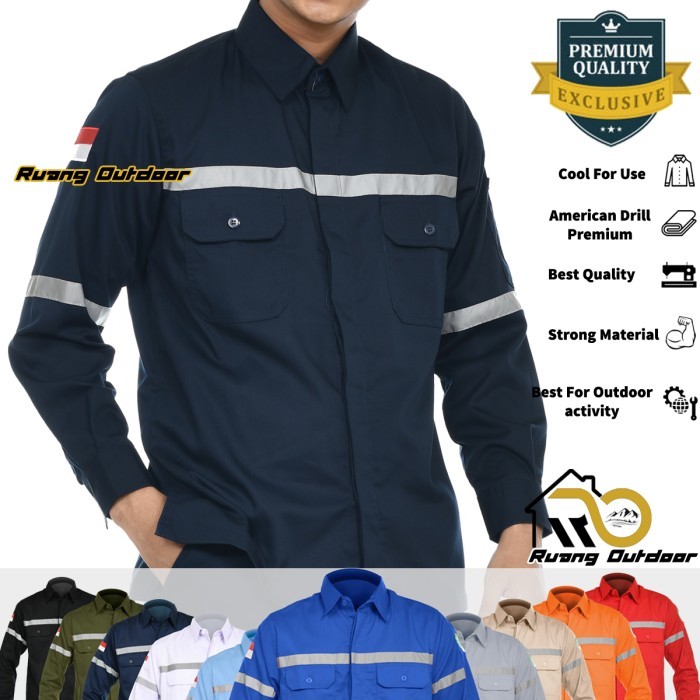 Baju Atasan Kemeja Safety K3 Outdoor Premium Lengan Panjang Navy