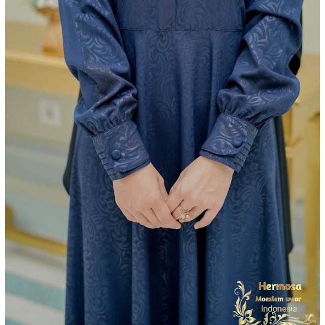 Gamis hermosa motif flower warna navy/gamis biru dongker murah Terlaris