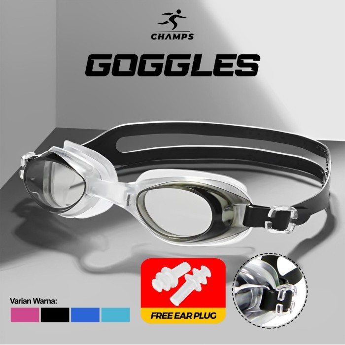 CHAMPS Swimming Googles Kacamata Renang Sport With Ear Plug Swimming