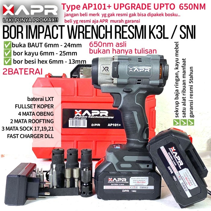 BARU APR Mesin Bor Impact Cordless Batrai 500NM Buka Baut Motor Mobil AP101