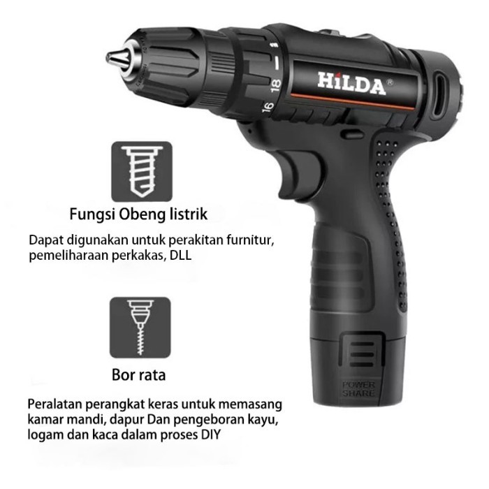 Hilda Bor Tangan Tanpa Kabel/Bor Cas 2 Baterai Promo/Bor Listrik/Bor Baterai Mesin Bor Listrik Tanpa