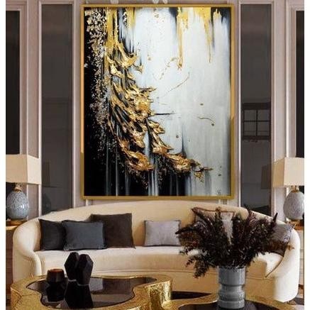 lukisan abstrak modern, lukisan abstrak tekstur ,black gold abstrak