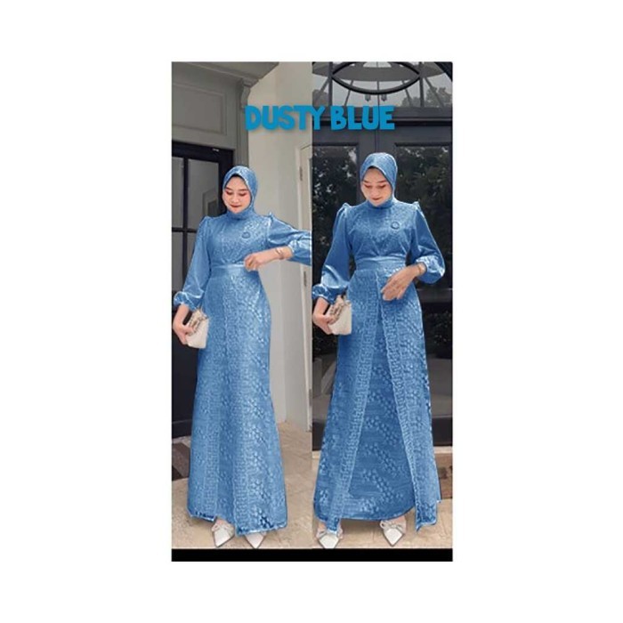 Gamis elika pesta dress satin brukat LD 90 100 110 120 130 jumbo biru muda PS