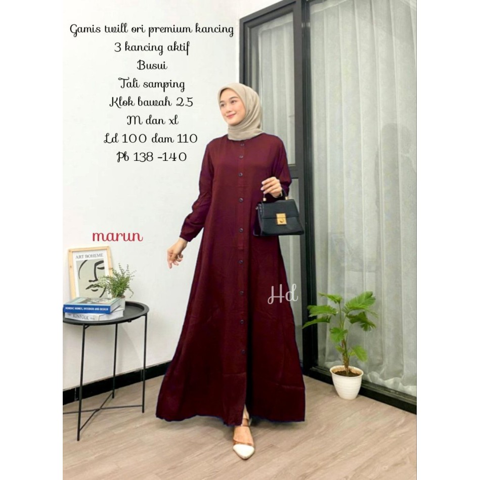 Gamis Wanita Muslimah Full Kancing Twill Polos Saku Lengan Panjang