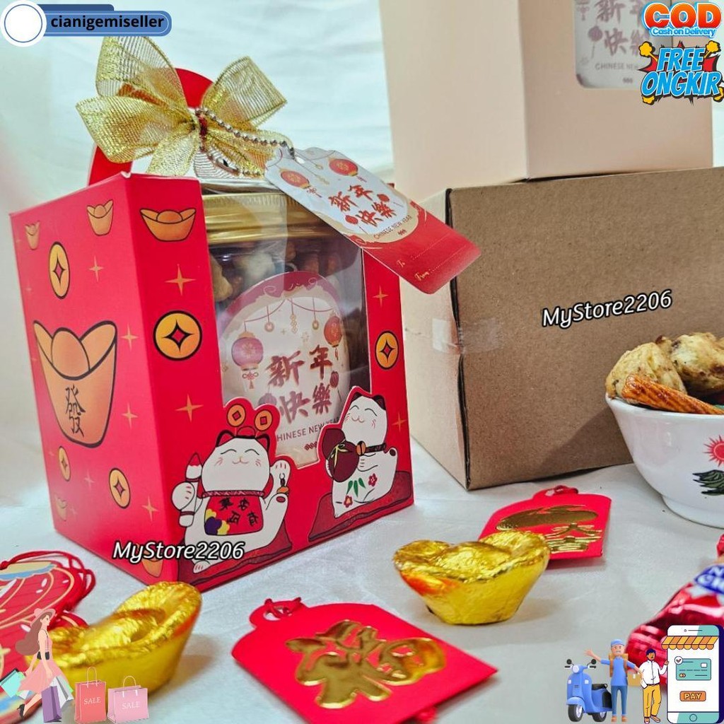 

(1 Jar) Hampers Parcel Chinese New Year Tahun Baru Imlek 2025 Permen, Jelly, Cokelat, Cookies Kue Kering Choco Chips, Gem Rose, Soes Chocolate Isi 1 Jar 600Ml / Hampers Chinese New Year D Promo Puncak