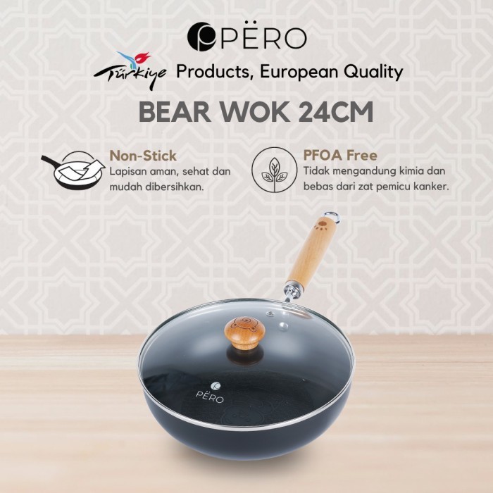 Pero Bear Wok Pan Iron Black with Lid 20cm 24cm / Wok Pan Wajan Penggorengan Deep Frying Ukuran 20cm