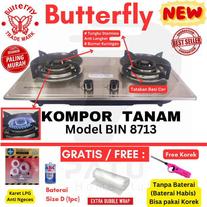 Kompor Tanam LPG 2 Tungku Butterfly Stainless Steel Kualitas Premium