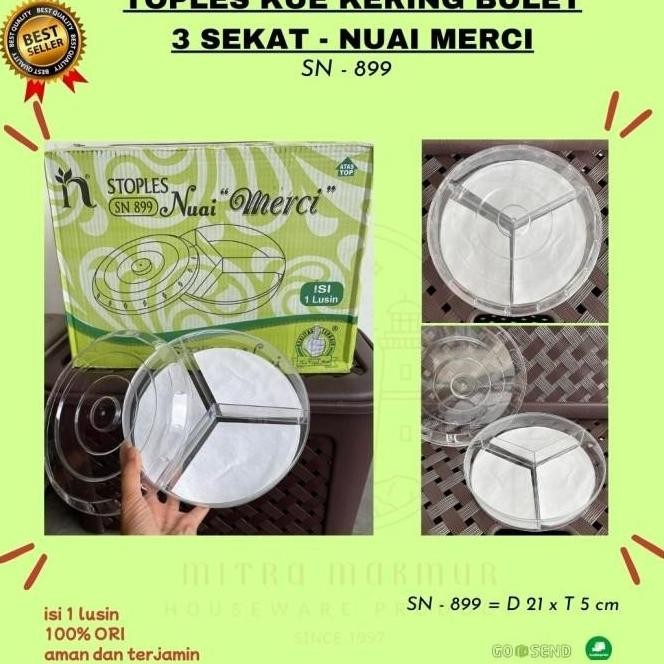 Toples Kue Kering Bulat 3 Sekat Nuai Sn-899 / Toples Lebaran @ 1 Lusin