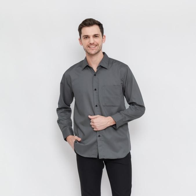 KEMEJA POLOS DARK GREY LENGAN PANJANG - KEMEJA PRIA