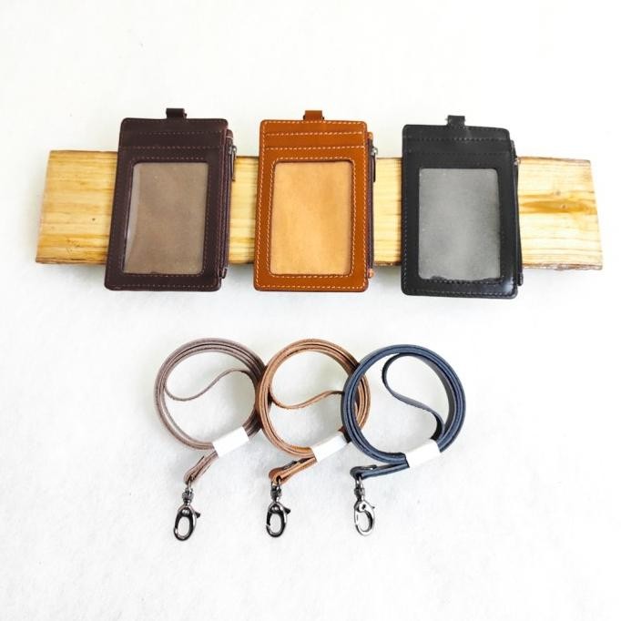 

Leather Zipper ID Card Holder/ Lanyard Name Tag Resleting Kulit Asli