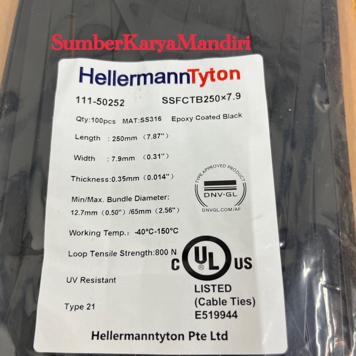

Hellermann Tyton Cable Ties Epoxy Coated Black Ss316 250Mm X 7.9Mm X 0.35Mm (100Pcs)