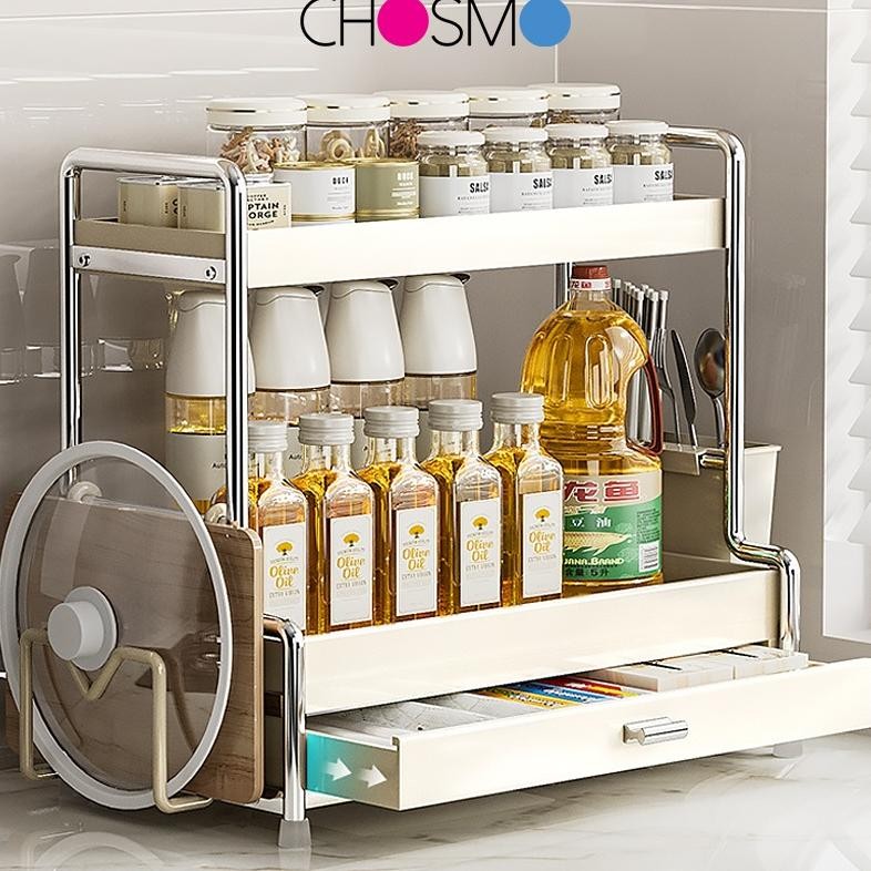 Rak Bumbu Dapur Stainless Steel Rak Bumbu dengan Laci Rak Dapur Serbaguna Rak Botol Bumbu
