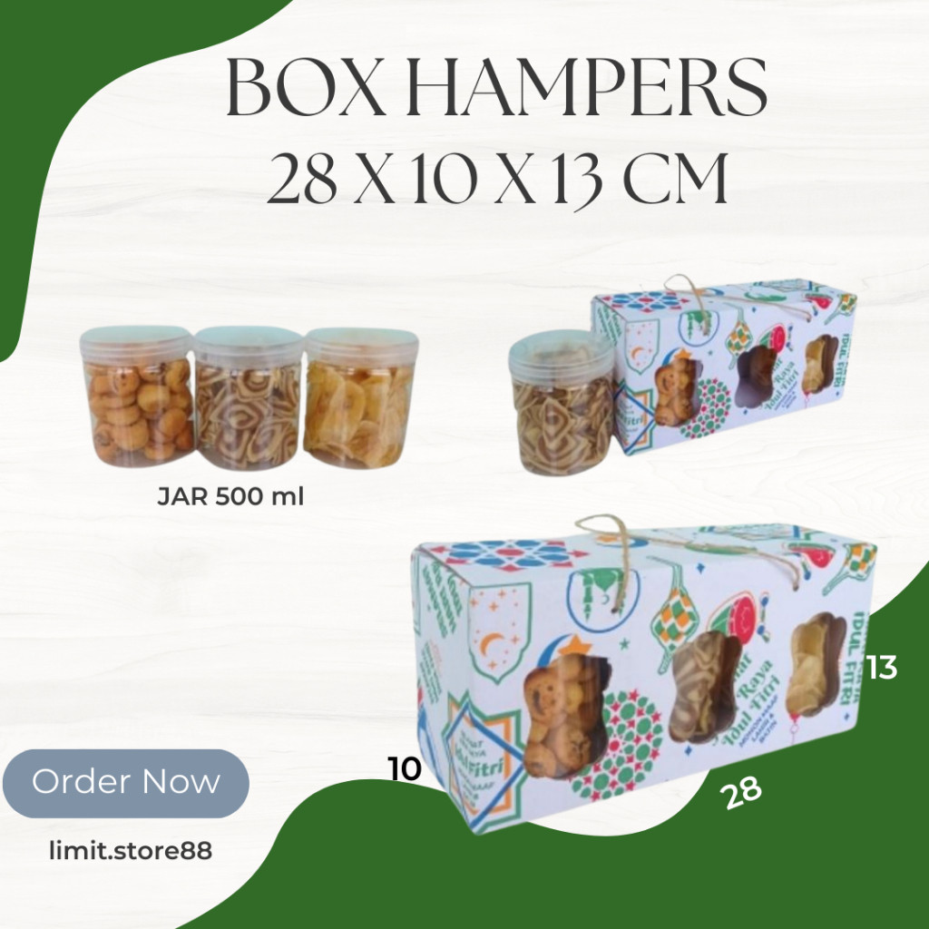 

Boc Jinjing Tali 28X10X13 (Kuker Toples Jar 600Ml Isi 3) Gable Box Toples Tabung Kardus Kue Kering /
