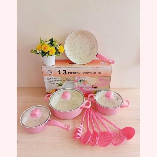 Omicko Panci Set Panci Isi 13 Pcs / Cookware Set Penggorengan-Pink Parastikan