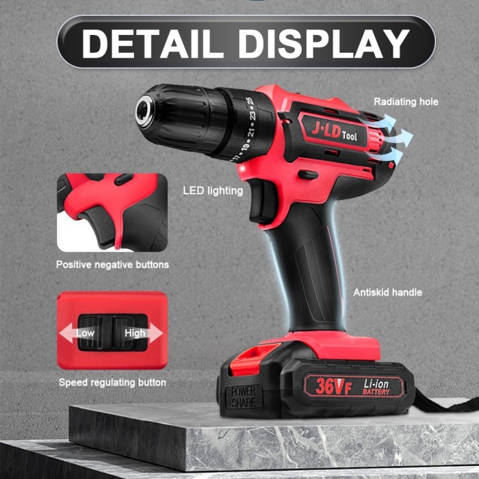 Promo JLD Mesin Bor 2 Baterai 36Vf Buat Tembok Beton Cordless Impact