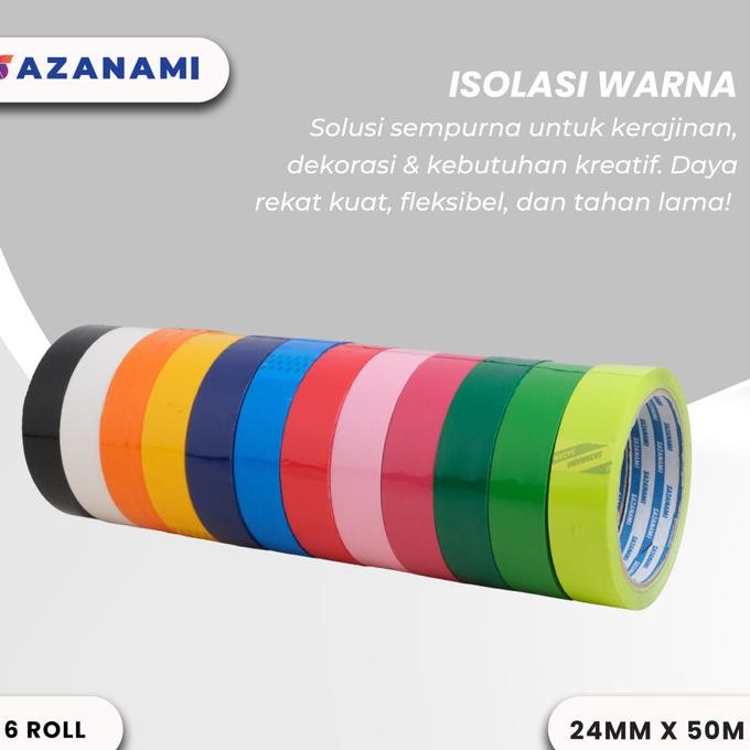 

1 PACK ISOLASI WARNA 1" INCH 24MM X 50M SAZANAMI LAKBAN WARNA WARNI ASLI