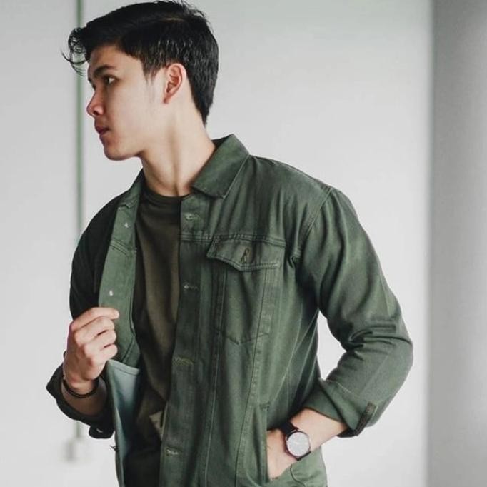 Original jaket jeans pria hijau army