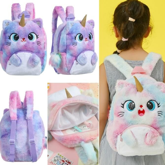 Tas sekolah anak TK PAUD unicorn kitty tas ransel bulu unik kado anak