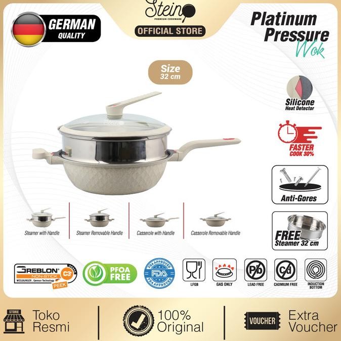 Stein Wok Platinum Pressure Wok 32cm Presto Anti-Baret Hijau & Coklat
