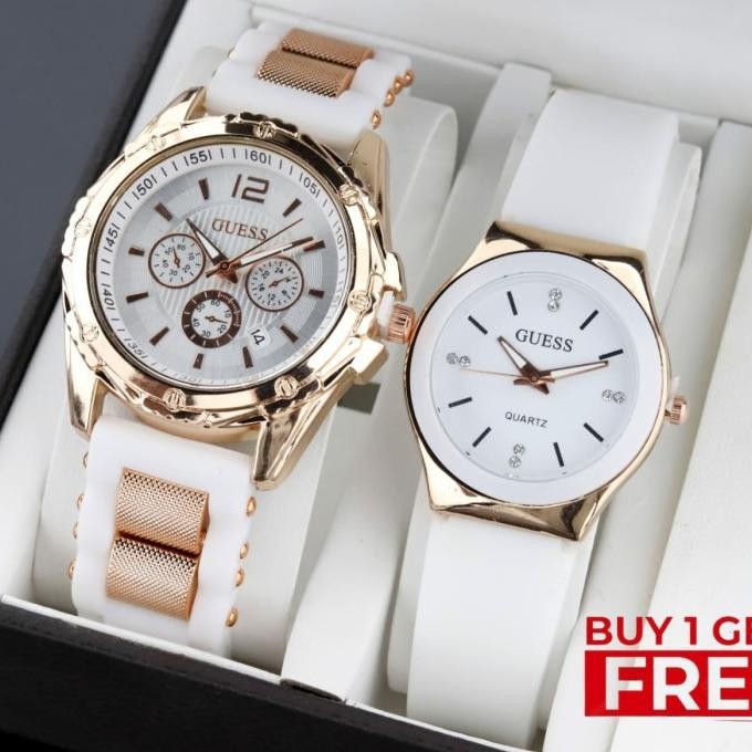 jam tangan wanita Murah GUESS Tali rubber Putih Date aktif Buy 1 Get 1