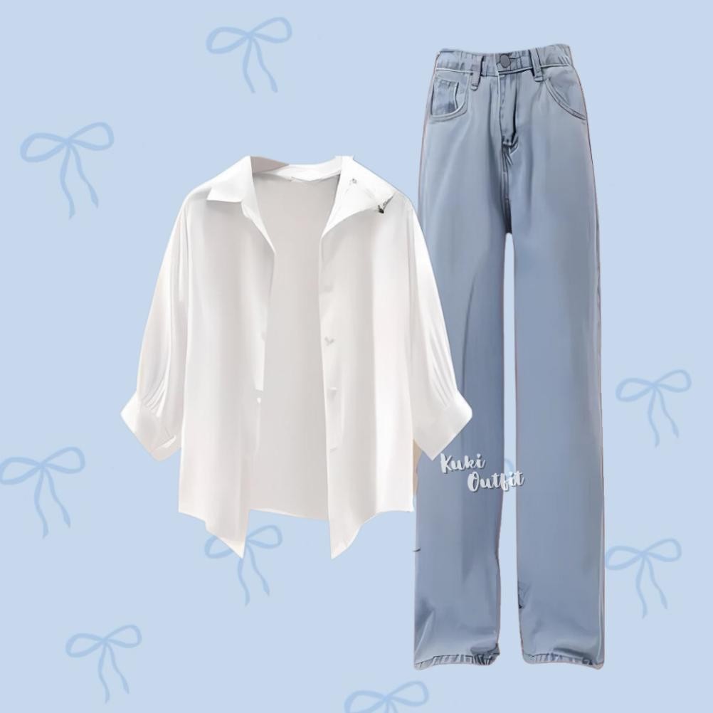 HJK 1 Set Korean Style (Kemeja, Celana Jeans, Tanktop) One Set Wanita Hijab OOTD Rajut Stripe - KK14