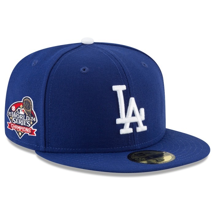 LA Dodgers Royal 2024 World Series Champions Side Patch 59FIFTY Fitted Hat Cap New Era. Topi Unisex