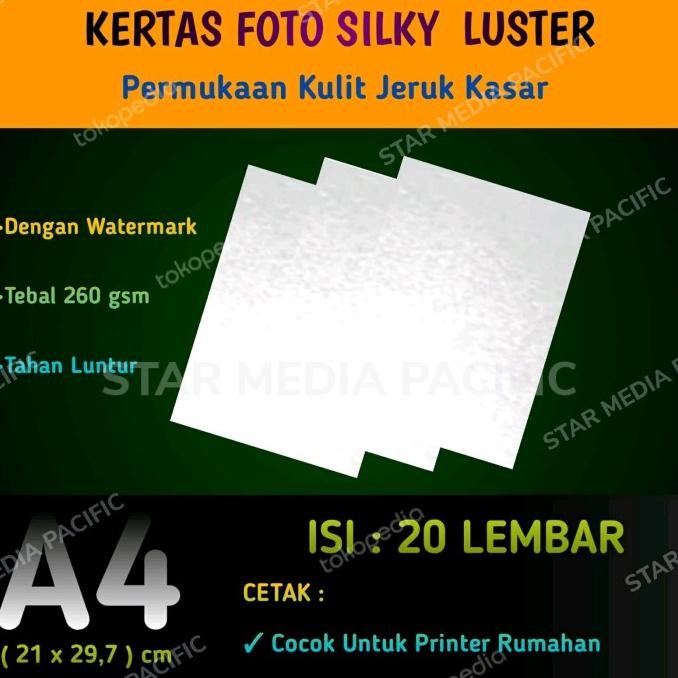 

SALE! KERTAS FOTO SILKY LUSTER 260 GSM A4 20 LEMBAR/PHOTO KULIT JERUK KASAR