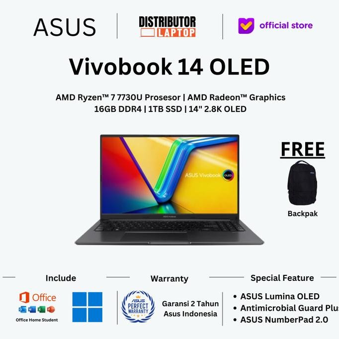 Asus Vivobook 14 Oled M1405Ya Amd Ryzen 7 7730U 16Gb 1Tb Ssd